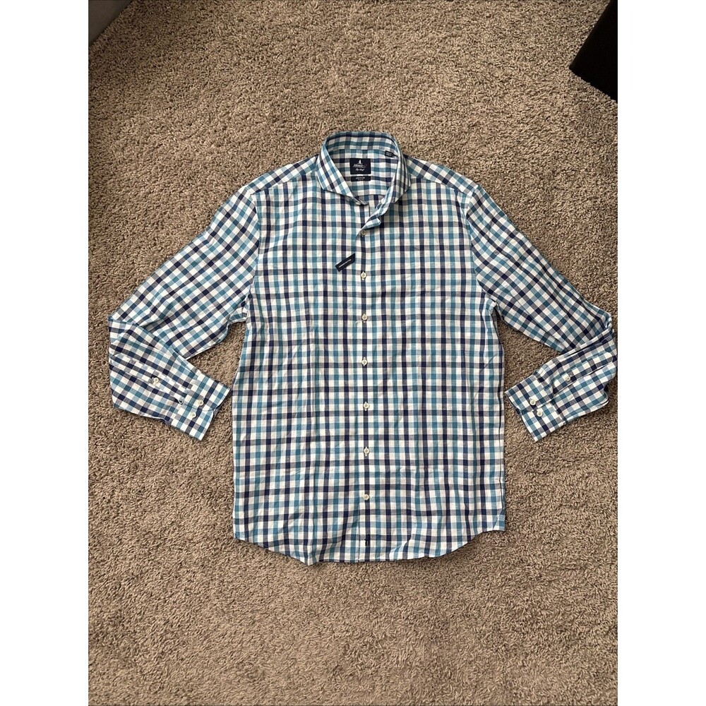 johnnie-O Top Shelf Button Up Shirt Checkered Blue Check Linen Blend Size Medium